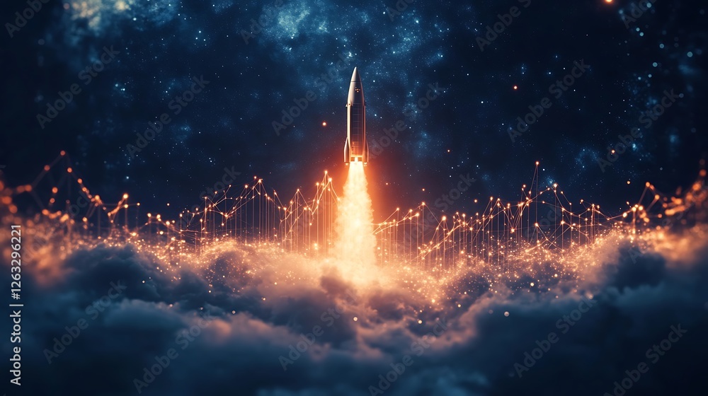 Rocket launching through glowing network, rising above clouds into starry night sky.