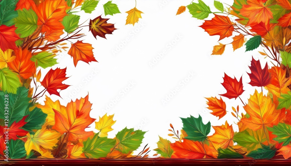 Fototapeta premium Autumn seasonal frame border with falling autumn colorful leaves background with space for copy