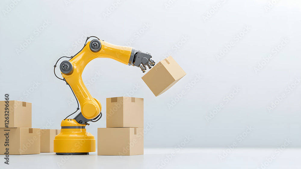Efficient robotic arm lifting box in modern warehouse setting, showcasing automation and productivity. bright yellow color adds vibrant touch to industrial environment Efficient robotic arm lifting box in modern warehouse setting, showcasing automation and productivity. bright yellow color adds vibrant touch to industrial environment
