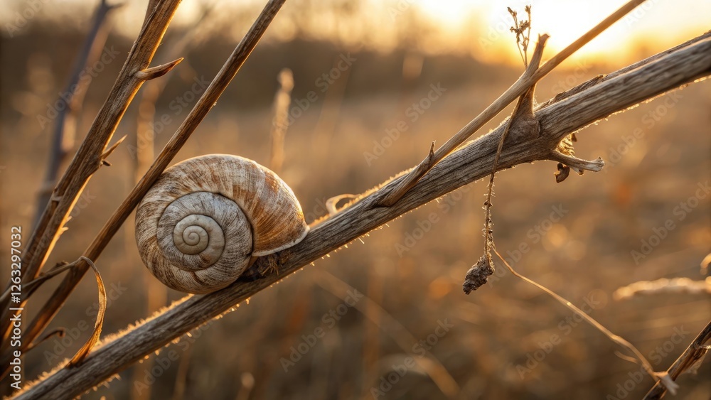 Snail navigating a fragile branch with a determined mood against a golden sunset Snail navigating a fragile branch with a determined mood against a golden sunset