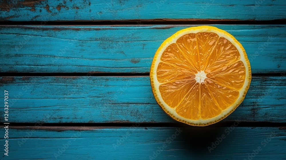 Vibrant Orange Slice on Rustic Blue Wood Vibrant Orange Slice on Rustic Blue Wood