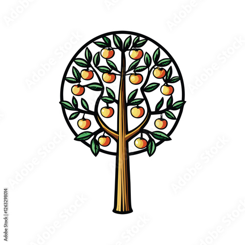 Create an editable stroke vector illustration of a fruit-bearing tree, showcasing detailed leaves and ripe fruit.  Include multiple branches and a strong trunk.