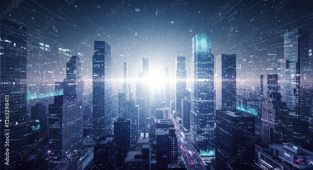 Obraz premium Futuristic Cityscape at Dawn - Modern metropolis, technological advancement, urban development, transformation, bright future. Symbolizing progress, innovation, connectivity, and hope