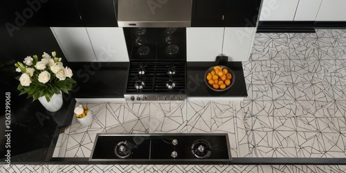 Modern Kitchen Design Featuring Black And White Geometric Tiles photo