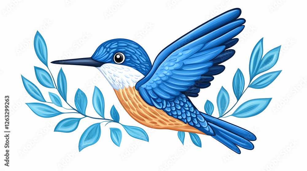 Obraz premium Blue bird flying with leaves. Nature, ornithology, wildlife for print or web use. Generative AI