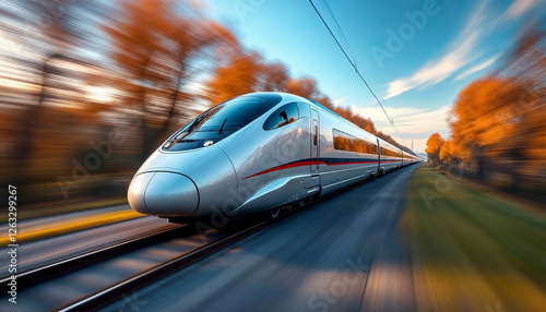 High-speed train in sharp focus with motion-blurred landscape, emphasizing speed. photo