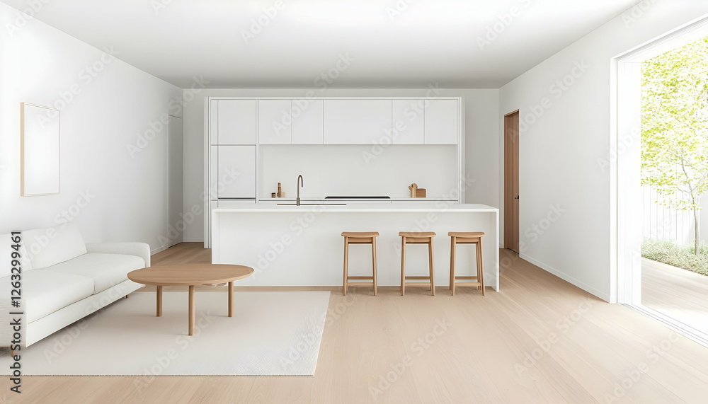 Bright, minimal open-plan kitchen in clean, modern house. Interior design use. Generative AI Bright, minimal open-plan kitchen in clean, modern house. Interior design use. Generative AI