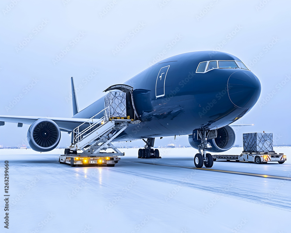Naklejka premium Cargo plane loading freight on ramp in winter twilight for logistics, delivery. Generative AI