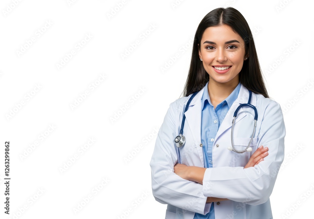 A young female doctor with long dark hair smiling confidently while standing with her arms crossed A young female doctor with long dark hair smiling confidently while standing with her arms crossed