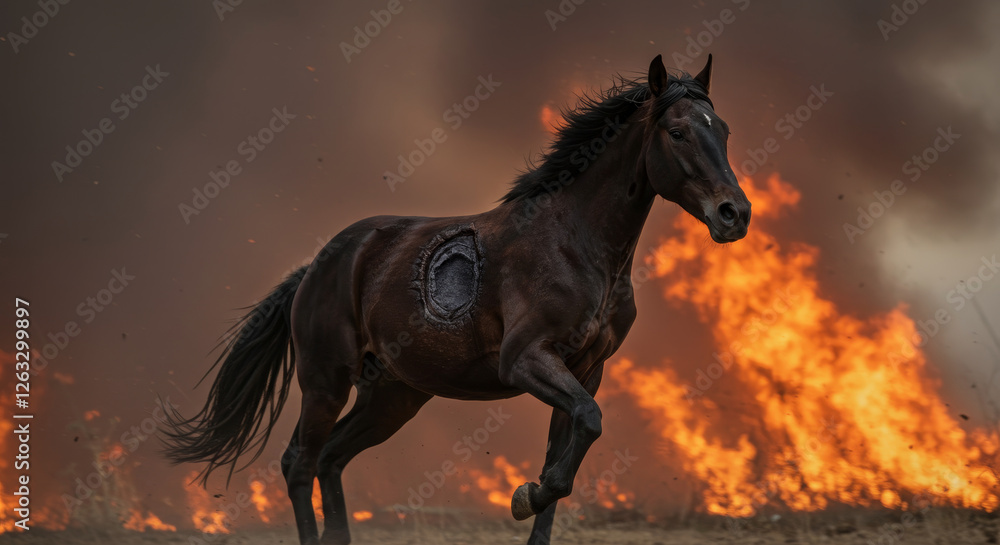 Horse Running From Wildfire - A dark brown horse runs away from a large wildfire, its silhouette stark against the flames Horse Running From Wildfire - A dark brown horse runs away from a large wildfire, its silhouette stark against the flames