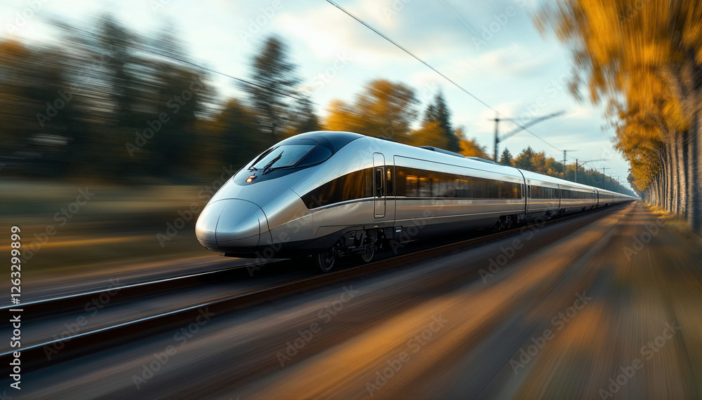 Obraz premium High-speed train in sharp focus with motion-blurred landscape, emphasizing speed.