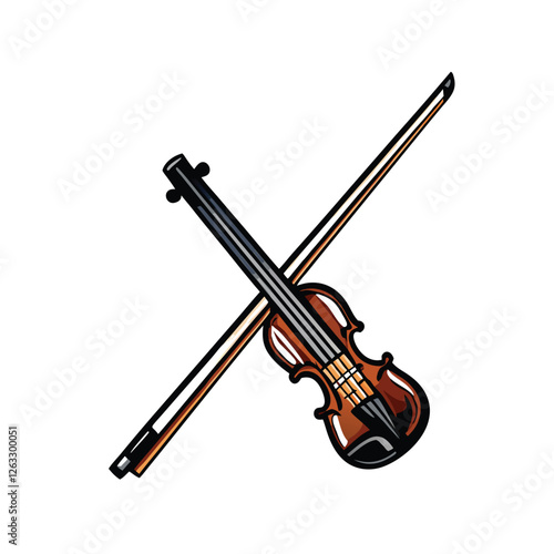 Create a clean, editable vector illustration of a violin bow gracefully crossing the strings of a violin.  High-resolution, scalable.