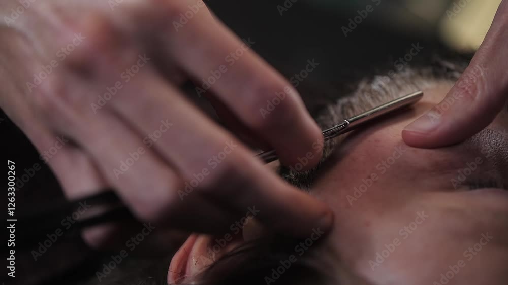 Barber shaves the beard of a man in a barbershop with a straight razor Barber shaves the beard of a man in a barbershop with a straight razor