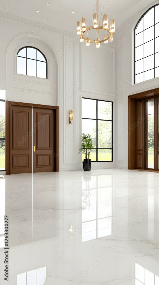 Elegant, light-filled foyer with marble floor, arched windows, and open view. Generative AI Elegant, light-filled foyer with marble floor, arched windows, and open view. Generative AI