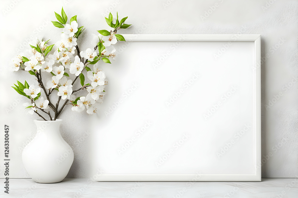 Floral arrangement next to picture frame against light backdrop for graphic design. Generative AI Floral arrangement next to picture frame against light backdrop for graphic design. Generative AI
