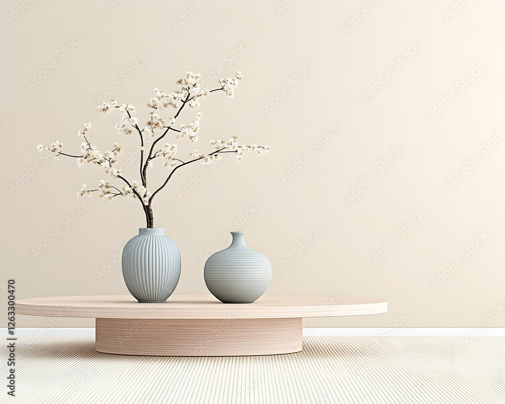 Floral arrangement on a wooden table against a wall; decoration, blog, display. Generative AI Floral arrangement on a wooden table against a wall; decoration, blog, display. Generative AI