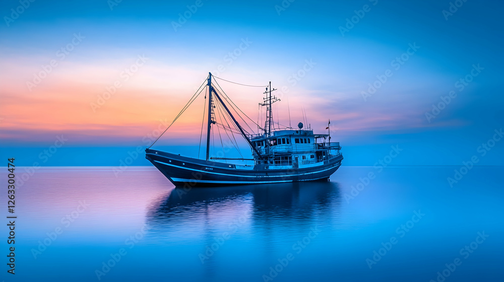 Fishing boat floats on calm ocean water at sunset for commercial purposes. Generative AI Fishing boat floats on calm ocean water at sunset for commercial purposes. Generative AI