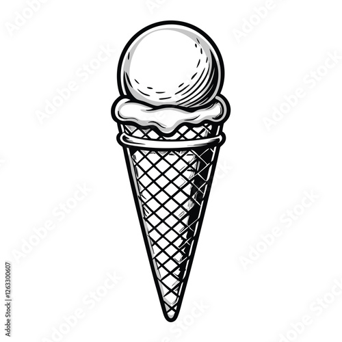 Create a clean, editable vector illustration of a waffle ice cream cone, partially filled with scoops of ice cream.  Include crisp lines and easily adjustable stroke weights.