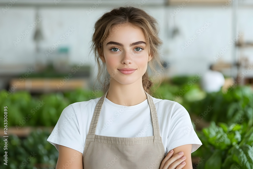 Greenhouse worker in apron, arms crossed, smiles. Lush plants background for health ad. Generative AI Greenhouse worker in apron, arms crossed, smiles. Lush plants background for health ad. Generative AI