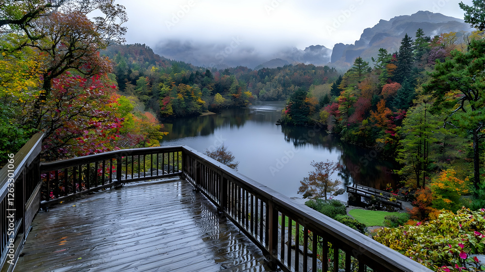 Autumn lake view from wooden deck, misty mountains Autumn lake view from wooden deck, misty mountains