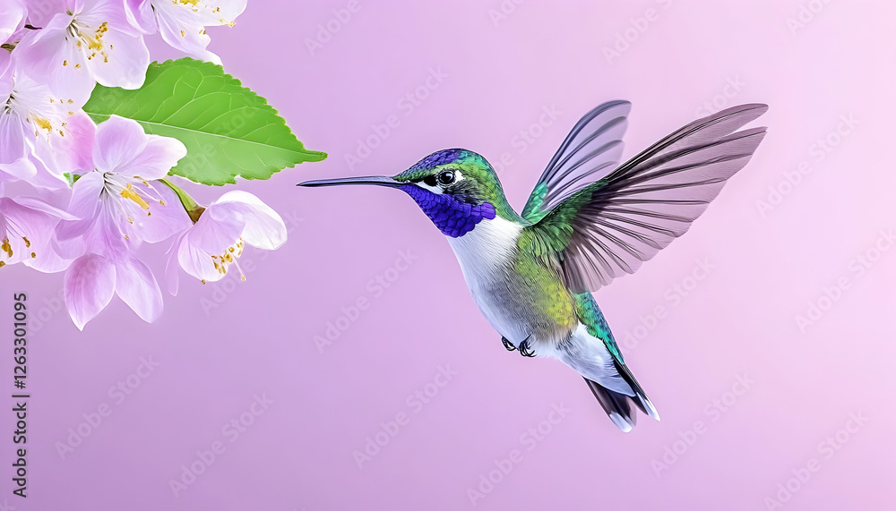 Naklejka premium Hummingbird hovering near blossoms, flying in spring. Nature wallpaper, card use. Generative AI