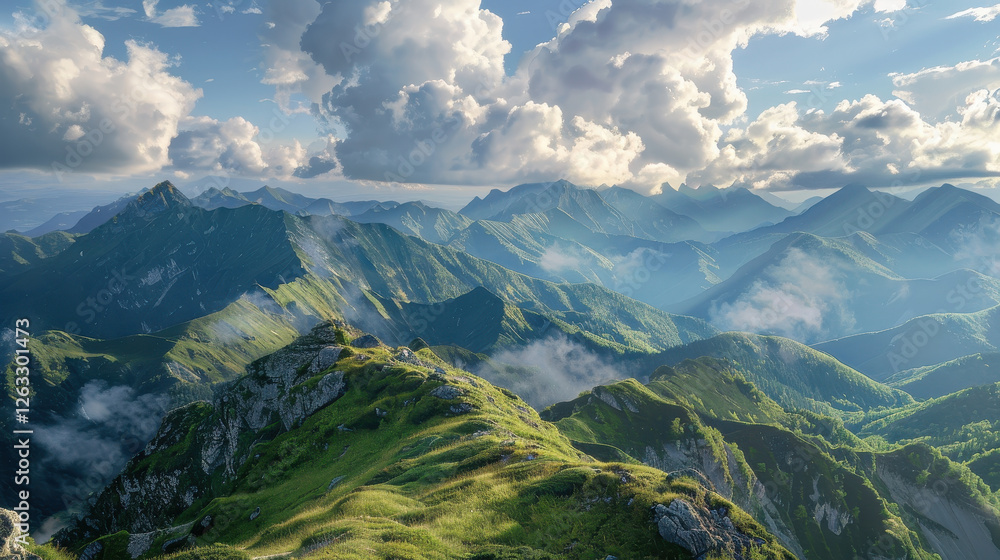 Fototapeta premium breathtaking mountain landscape with lush greenery and dramatic clouds