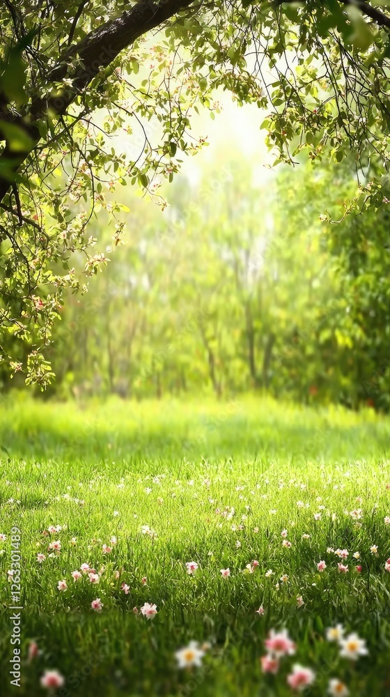 Obraz premium Sunny spring meadow, flowers, trees, background, nature photography