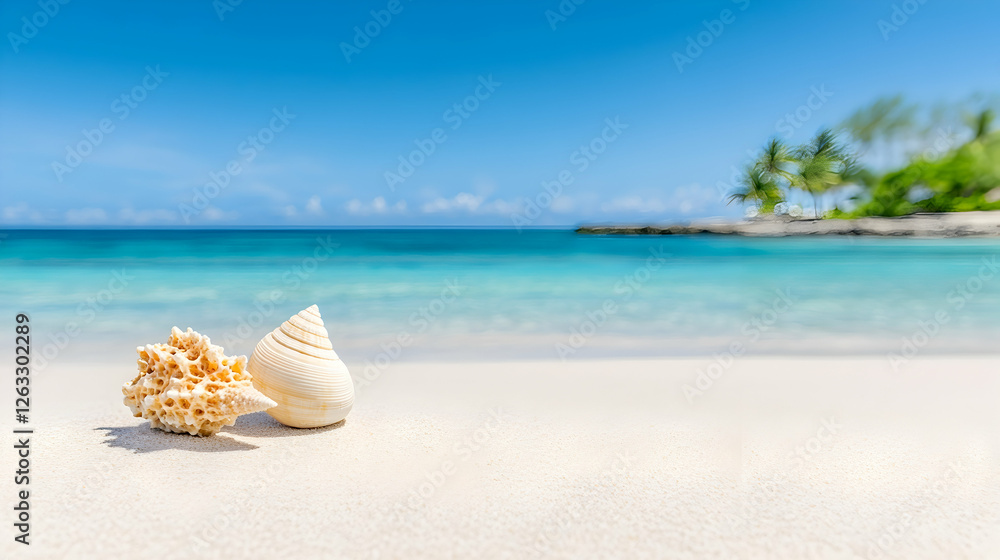Seashells on white sand beach with blue ocean, under clear sky. Copy space. Generative AI Seashells on white sand beach with blue ocean, under clear sky. Copy space. Generative AI