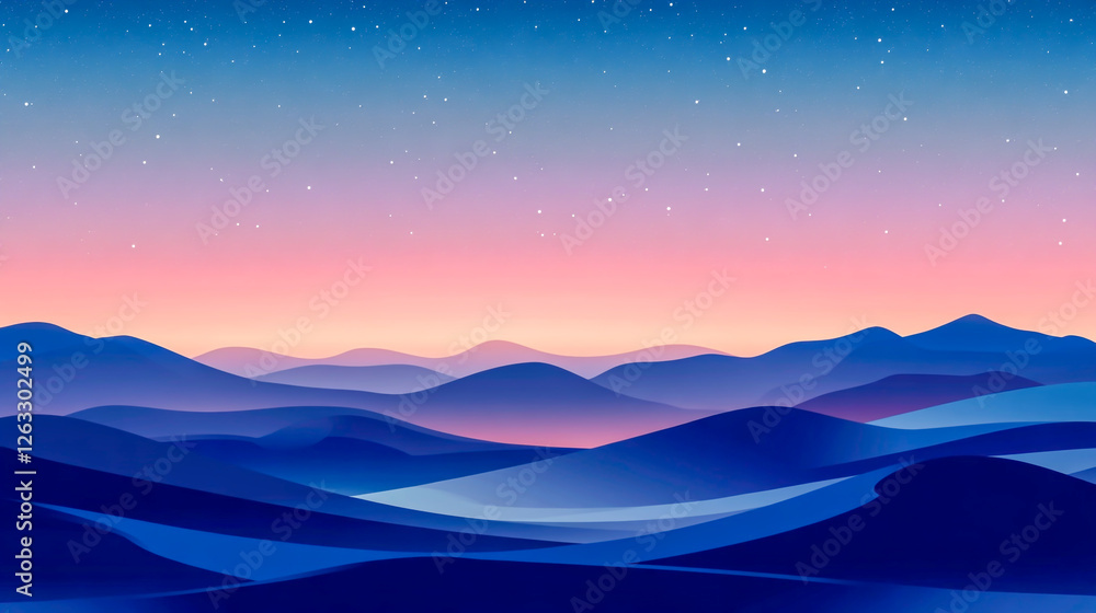 Obraz premium Serene Dawn Landscape with Rolling Desert Sand Dunes, Tranquil Modern Wallpaper Featuring a Cool Gradient Starry Sky
