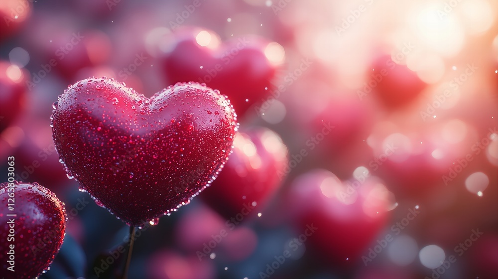 Numerous Red Heart Decorations with Shimmering Light Effects for Valentines Day Numerous Red Heart Decorations with Shimmering Light Effects for Valentines Day