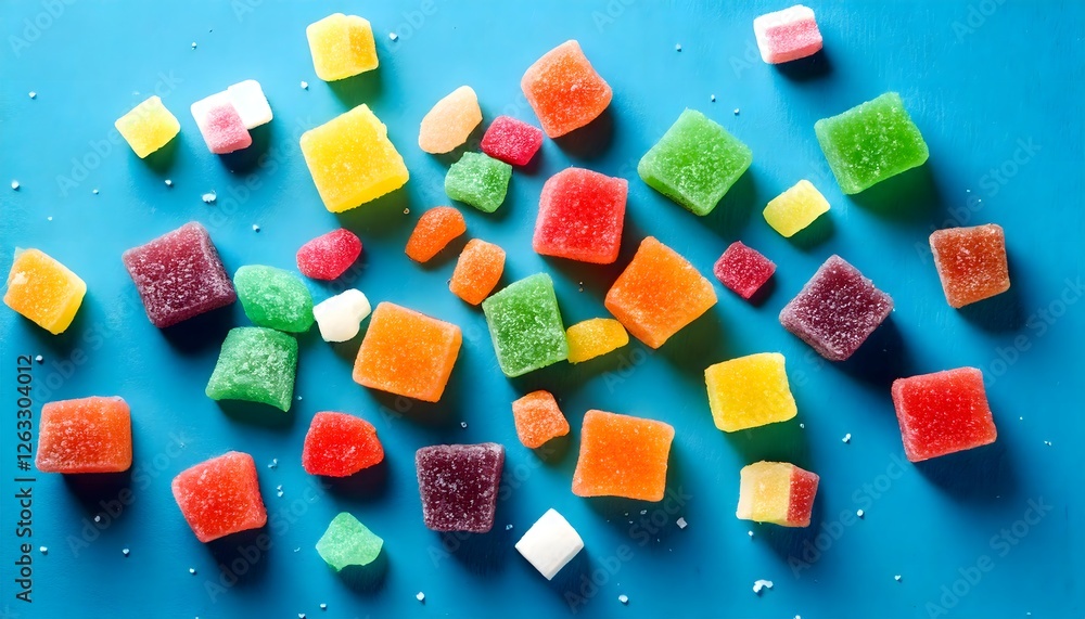 Assorted fruit-flavored gummy candies with sugar coating on a vibrant blue surface Assorted fruit-flavored gummy candies with sugar coating on a vibrant blue surface
