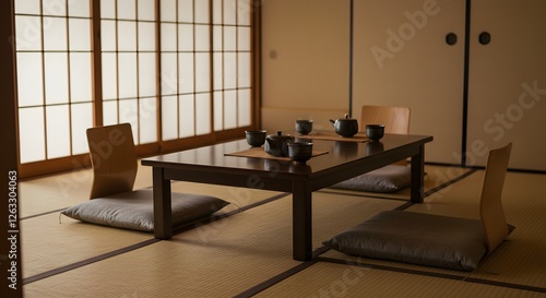 Traditional Japanese Tea Room with Tatami Mats and Tea Service photo