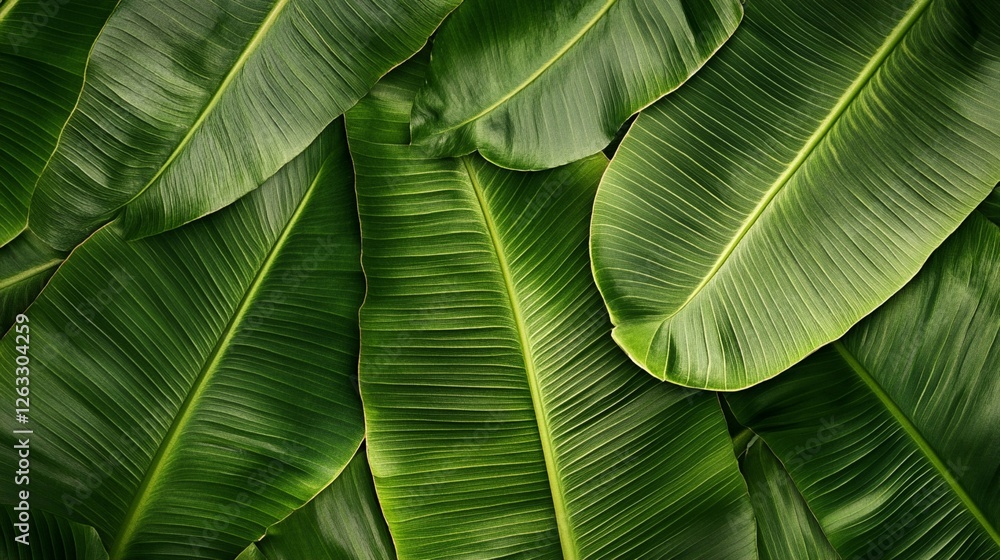 Vibrant green banana leaves creating natural pattern with parallel veins and overlapping layers, tropical foliage background in macro view with soft sunlight filtering through Vibrant green banana leaves creating natural pattern with parallel veins and overlapping layers, tropical foliage background in macro view with soft sunlight filtering through