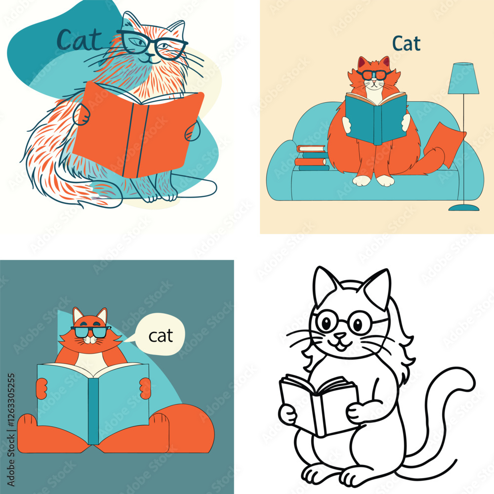 Fototapeta premium Whimsical Bookish Cats: Feline Friends with a Passion for Reading