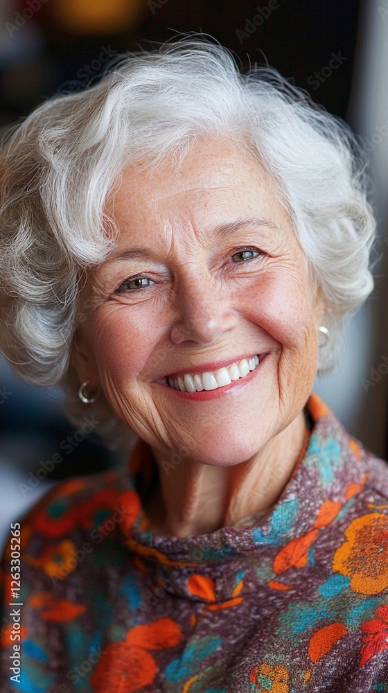Portrait of a vibrant senior woman with silver hair wearing a colorful floral sweater, radiating joy and confidence through her genuine smile and sparkling eyes in a natural indoor setting. Portrait of a vibrant senior woman with silver hair wearing a colorful floral sweater, radiating joy and confidence through her genuine smile and sparkling eyes in a natural indoor setting.