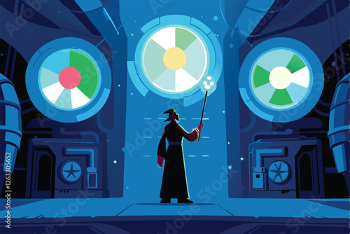 A futuristic wizard, adorned with glowing runes, meticulously crafts vibrant, glowing pie charts using arcane energy.  Intricate details are crucial.