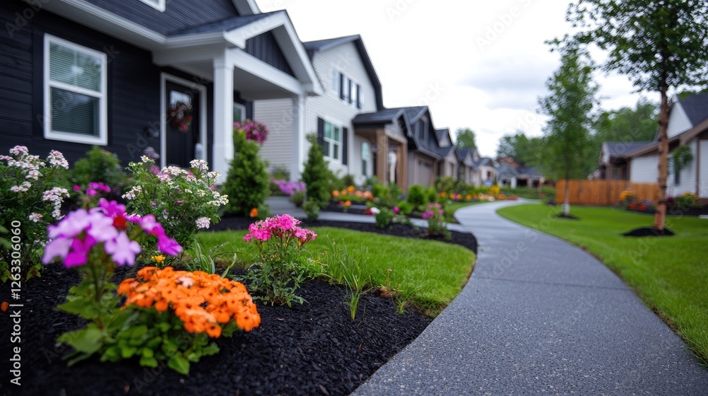 Colorful flowers line a curved path in a new suburban neighborhood Colorful flowers line a curved path in a new suburban neighborhood