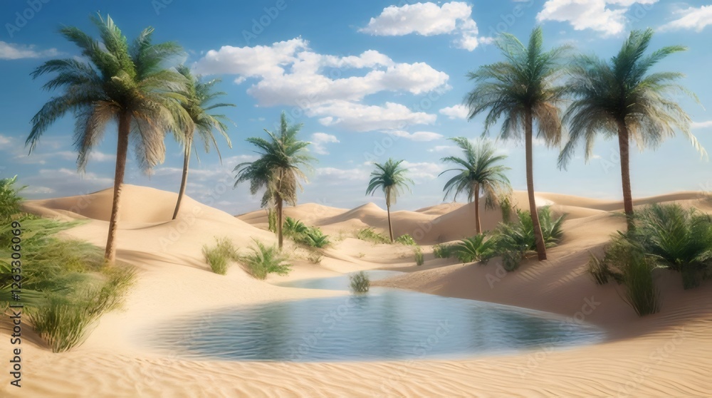 Oasis in desert with palm trees and blue sky. Oasis in desert with palm trees and blue sky.