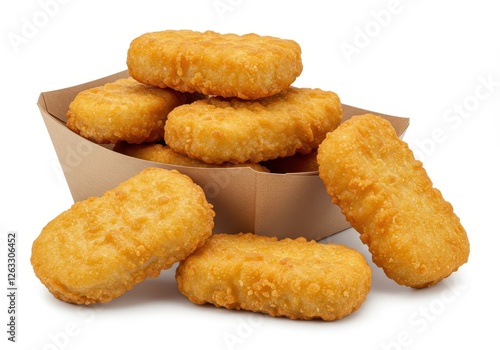 A brown cardboard food box filled with crispy, golden chicken nuggets photo