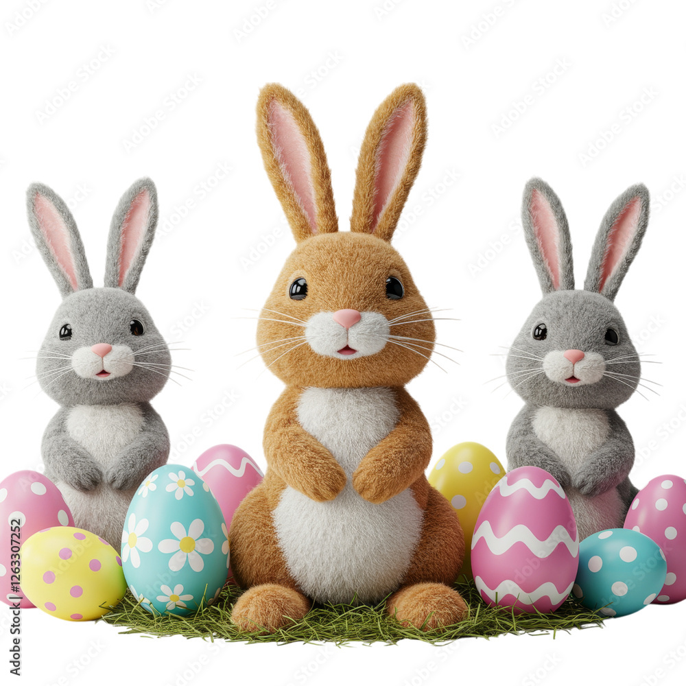 Obraz premium Three cartoon bunnies, one brown and two gray, are positioned amidst a cluster of decorated Easter eggs