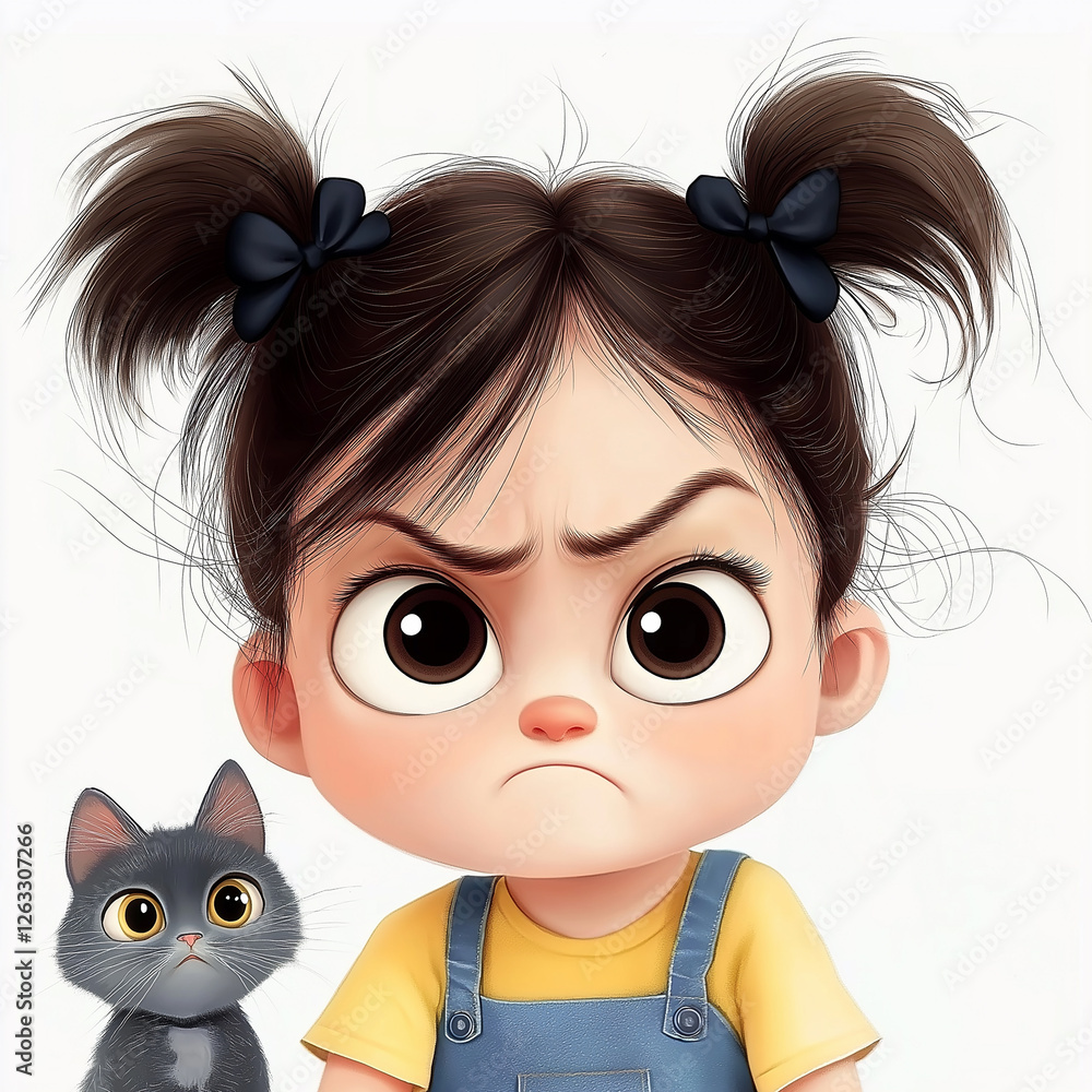 Obraz premium Grumpy little girl frowning with her kitten: a cartoon illustration