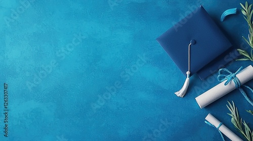 Educational success graduation celebration featuring hats and scrolls on blue gradient background