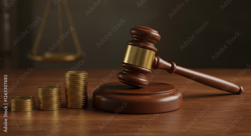 Gavel and Growing Stacks of Coins - A judge's gavel rests near three increasing stacks of gold coins, symbolizing financial legal matters Gavel and Growing Stacks of Coins - A judge's gavel rests near three increasing stacks of gold coins, symbolizing financial legal matters