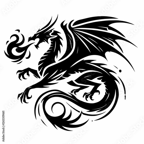 Majestic fire-breathing dragon, black and white fantasy illustration