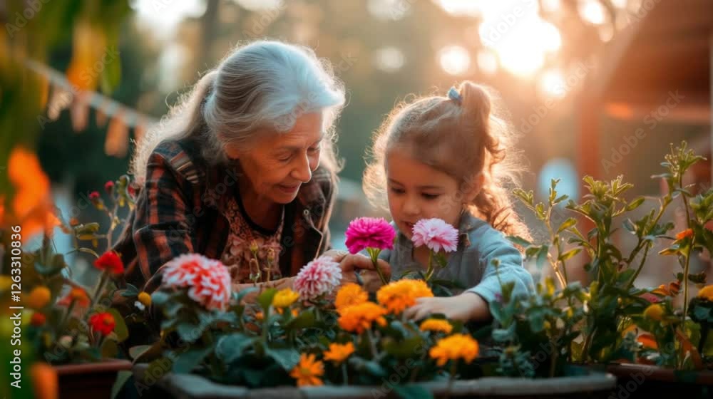 Grandmother and granddaughter taking care of some flowers on a spring morning Grandmother and granddaughter taking care of some flowers on a spring morning