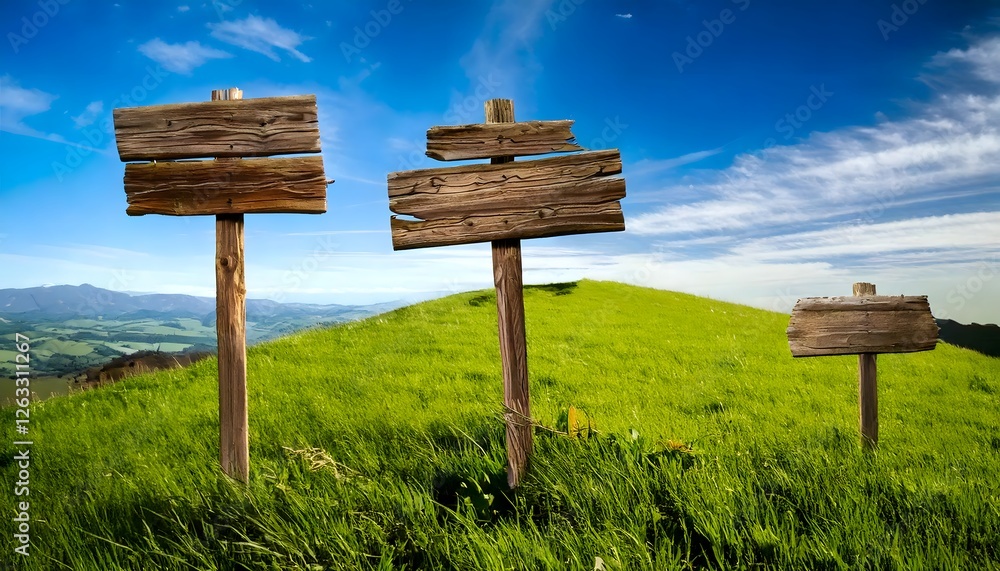 Fototapeta premium Blank wooden road signs in a countryside landscape with rolling green hills