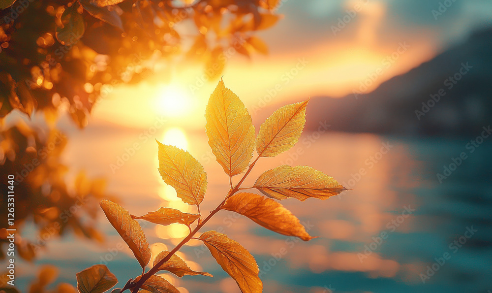 Glowing Autumn Leaves by Water Under Beautiful Sunset with Soft Light and Warm Colors in Nature Landscape Glowing Autumn Leaves by Water Under Beautiful Sunset with Soft Light and Warm Colors in Nature Landscape