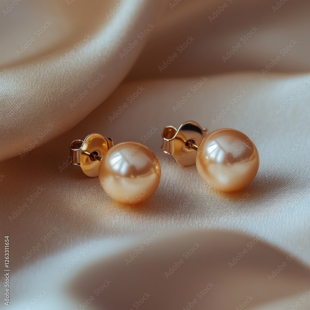 Elegant golden pearl earrings on luxurious satin fabric backdrop Elegant golden pearl earrings on luxurious satin fabric backdrop