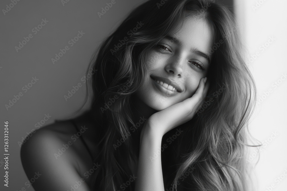 Woman with long hair is smiling and holding her hands together Woman with long hair is smiling and holding her hands together