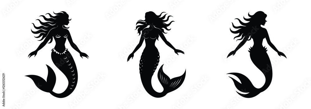 Obraz premium A vector collection of mermaid silhouettes on white background